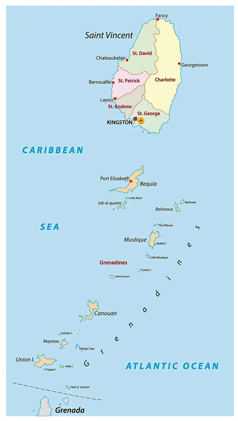 Caribbean map of St Lucia - Grenadines